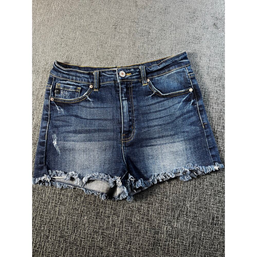 KanCan size L distressed jean cut off raw edge denim shorts measurements in pics
